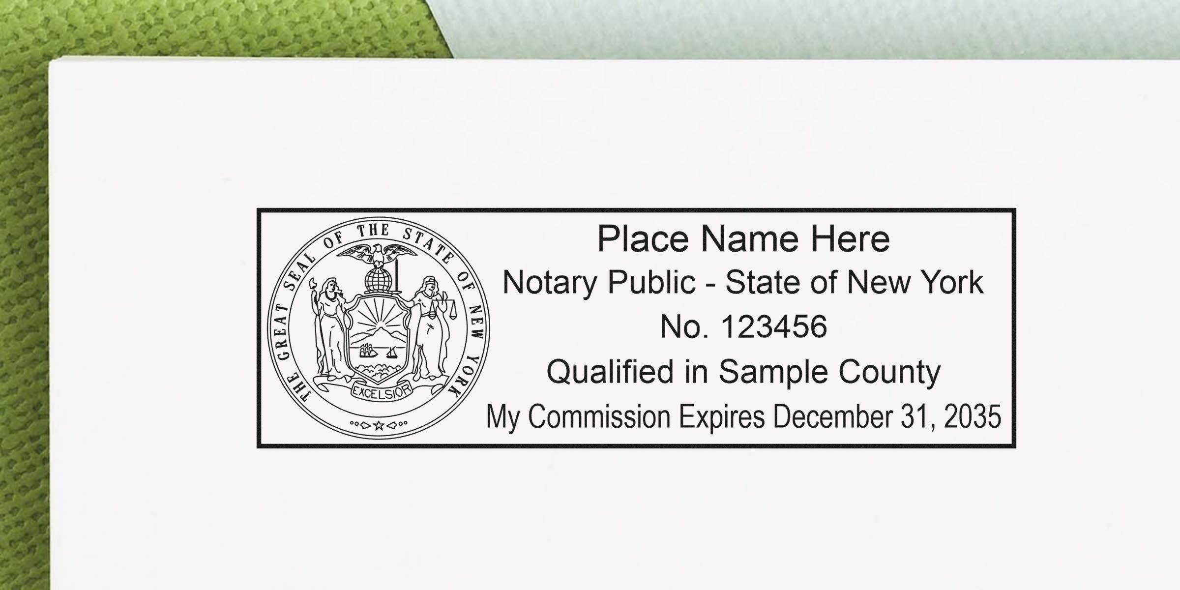 Notary Public stamp with New York State seal, commission number, and expiration date on white paper, highlighting key New York notary supplies and tools.