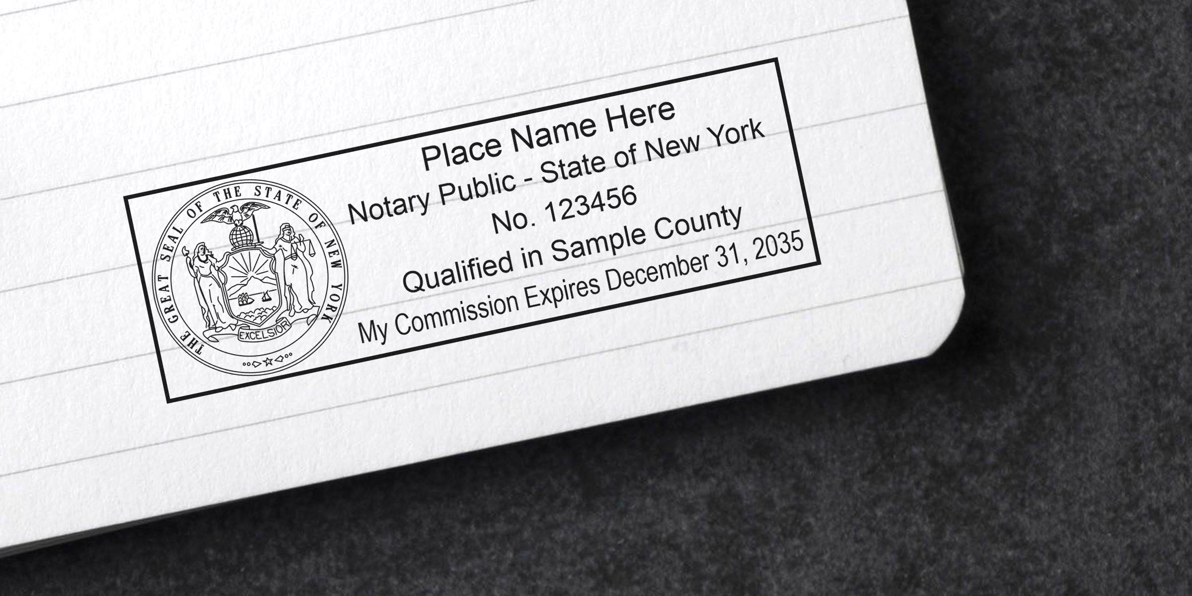 New York notary public stamp on white paper showing commission expiration date, related to Notary Stamp Renewal NY and New York Notary Stamp Renewal.
