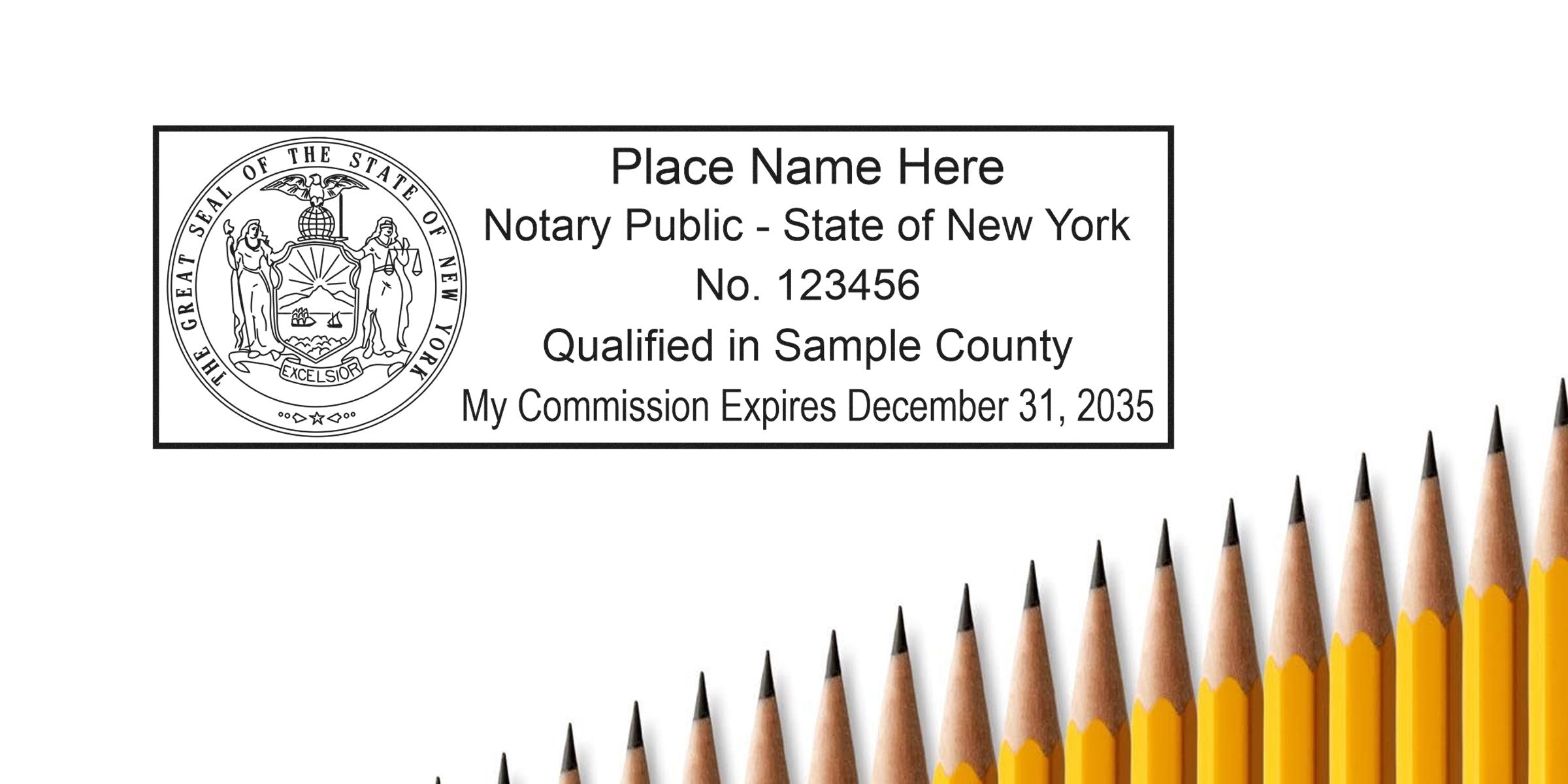 New York notary public seal with commission expiration date and yellow pencils, highlighting New York notary stamp law and requirements.