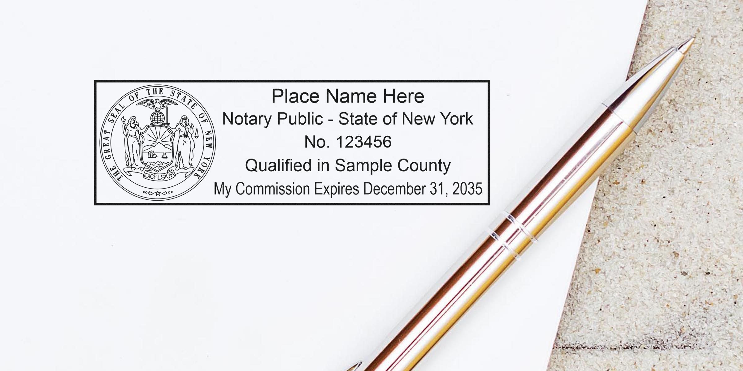 New York notary supplies featuring a notary public stamp with commission details and a silver pen on white paper, showing how to use notary tools.