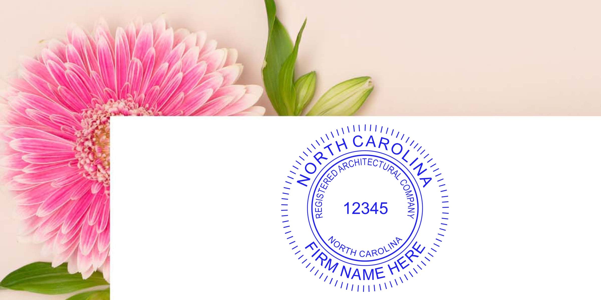 North Carolina architect stamp with a company seal, pink flowers, and green leaves, showcasing affordable architect stamp options and pricing.