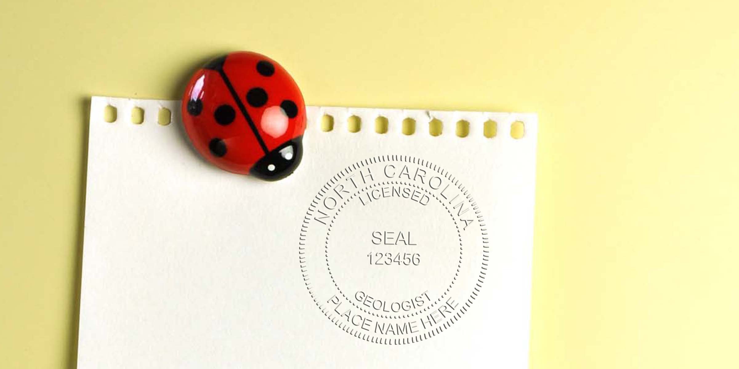Geologist Seal of North Carolina on white paper with ladybug magnet on yellow background, symbolizing Professional Geologist Certification NC.