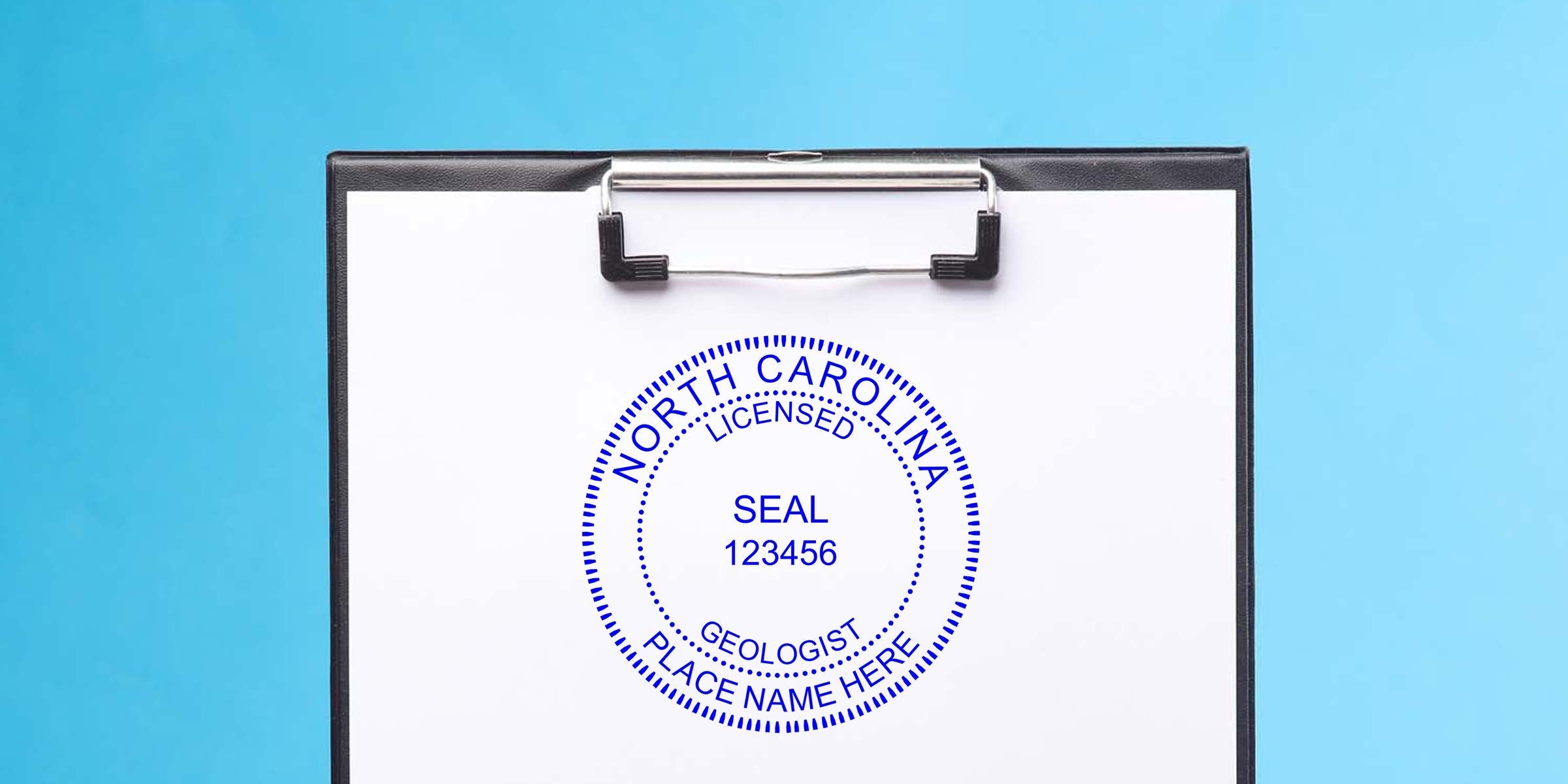 North Carolina geologist stamp with licensed geologist seal on clipboard, highlighting professional geologist stamp design.