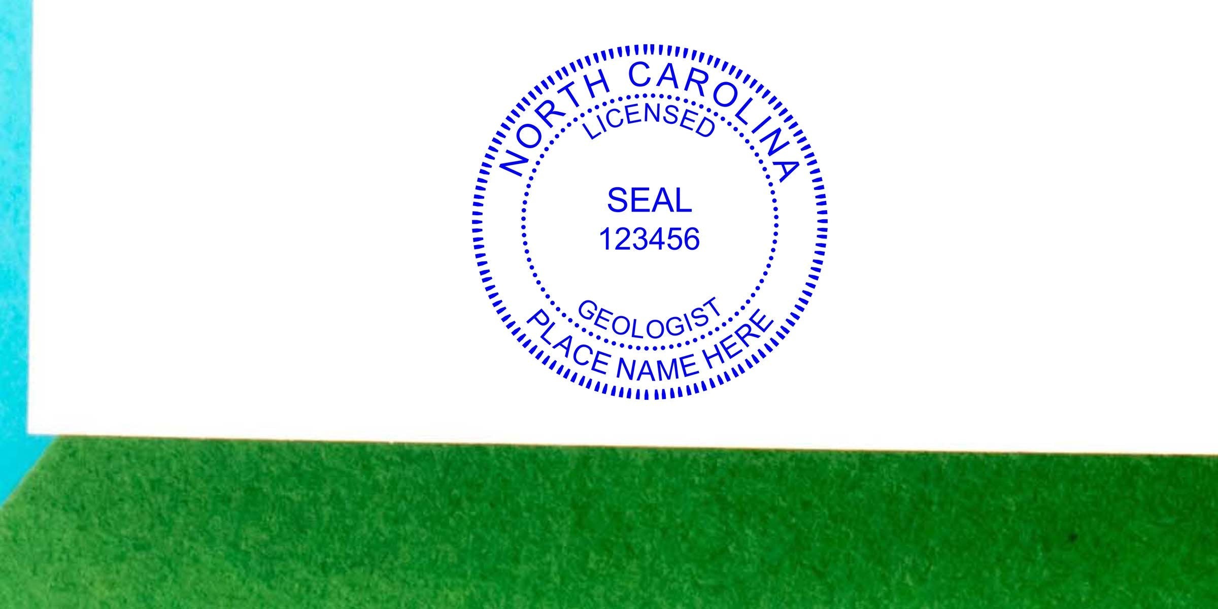 North Carolina Geologist Seal on white paper with green and blue background, showing Geologist Stamp North Carolina.