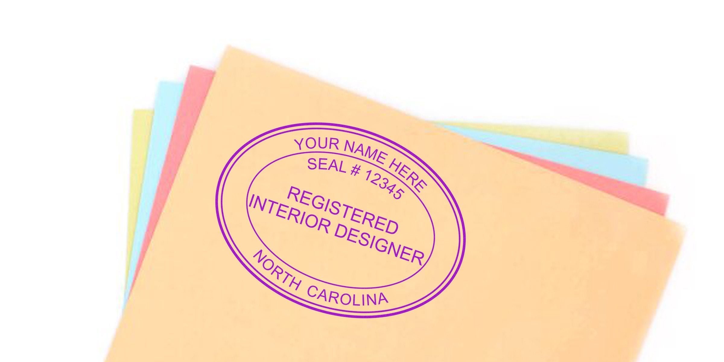 Registered interior designer stamp on colorful paper, featuring a North Carolina interior designer stamp and tips for buying an interior designer stamp.