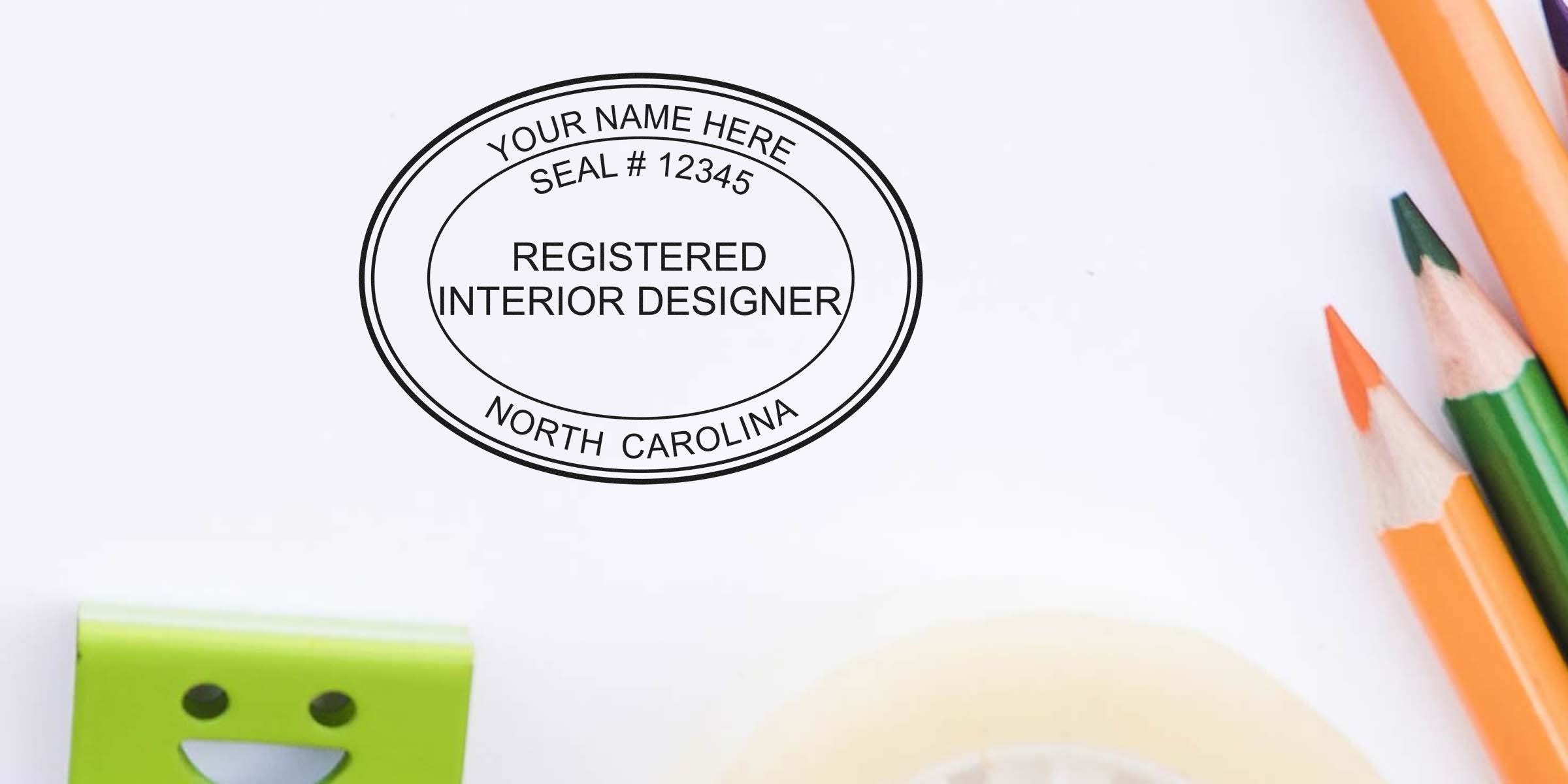 North Carolina interior designer stamp with registered seal, colorful pencils, and stationery on white, showcasing online interior design certification.
