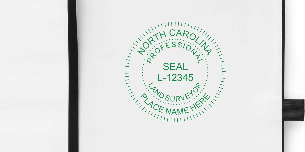 North Carolina professional land surveyor seal on white paper with black border, featuring NC surveyor stamp price and cost details.