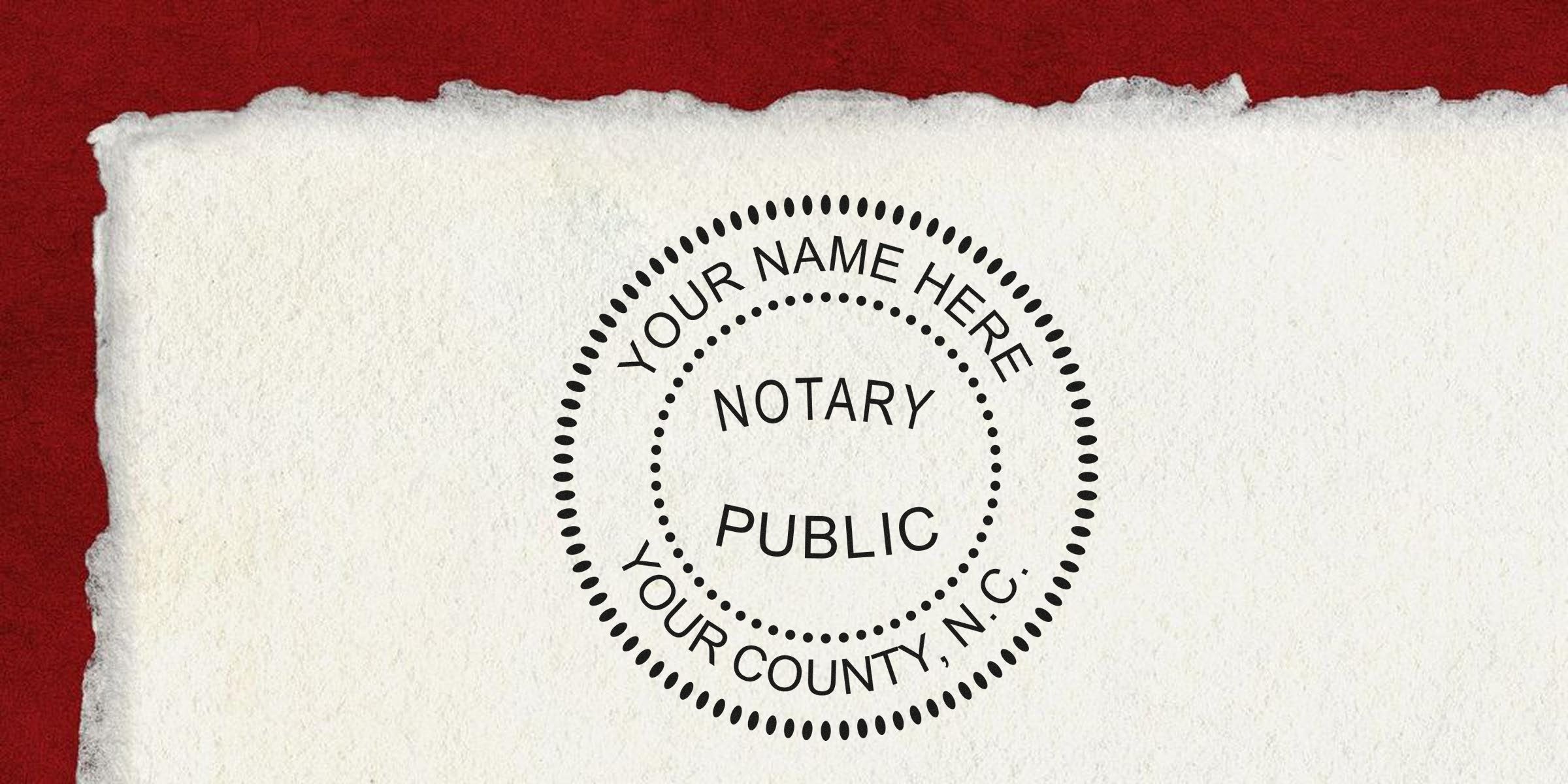 Notary Stamp Features on textured paper, showing a Quality Notary Stamp NC for official document authentication and legal verification.