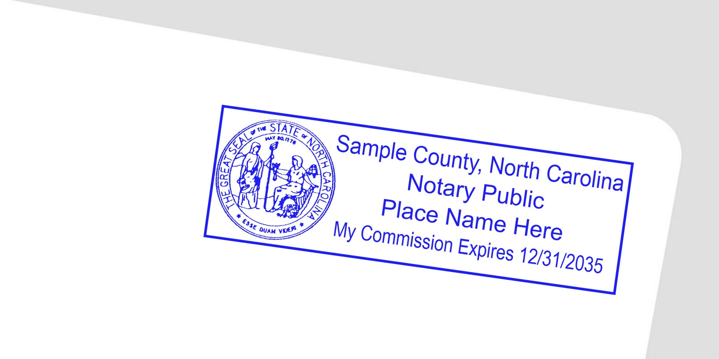 NC notary seal on white paper showing North Carolina notary public stamp with commission expiration date and top notary seal tips.