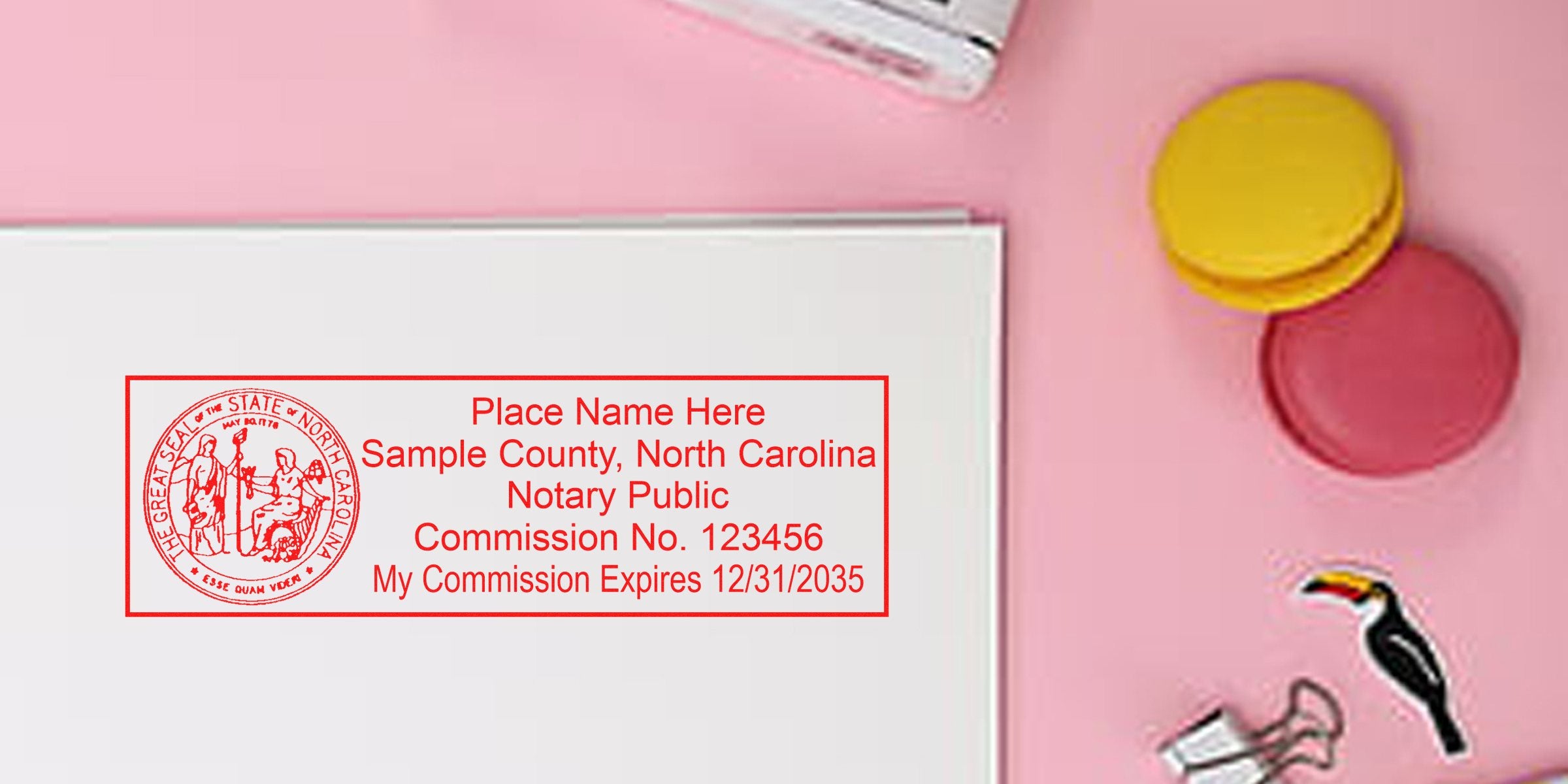 North Carolina notary public stamp with commission number and expiration date on white paper, part of essential NC notary kit and supplies.