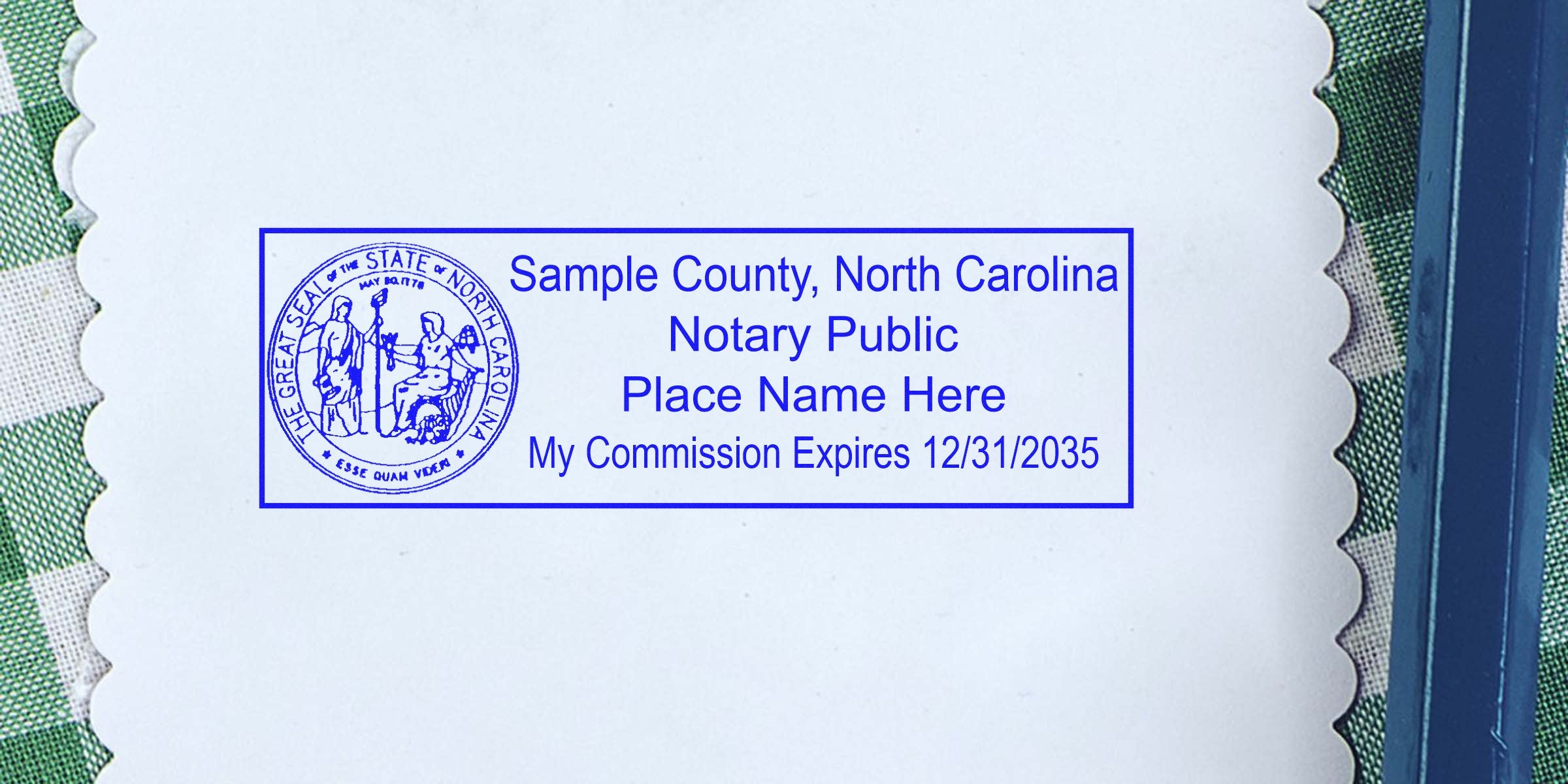 North Carolina notary seal stamped on white paper, showing commission expiration date and clear seal dimensions.