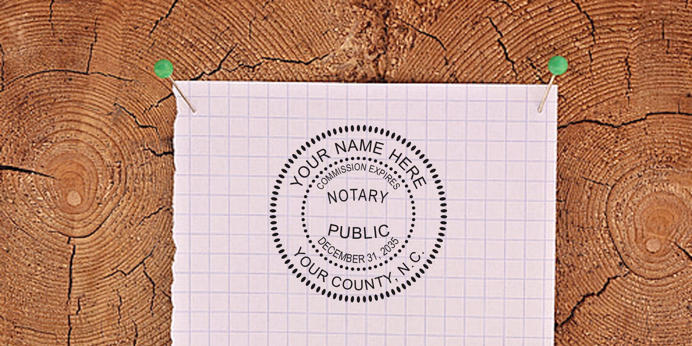 Notary public stamp on pinned paper showing commission expiration date, official seal for legal documents, related to becoming a notary in North Carolina and NC notary guide.