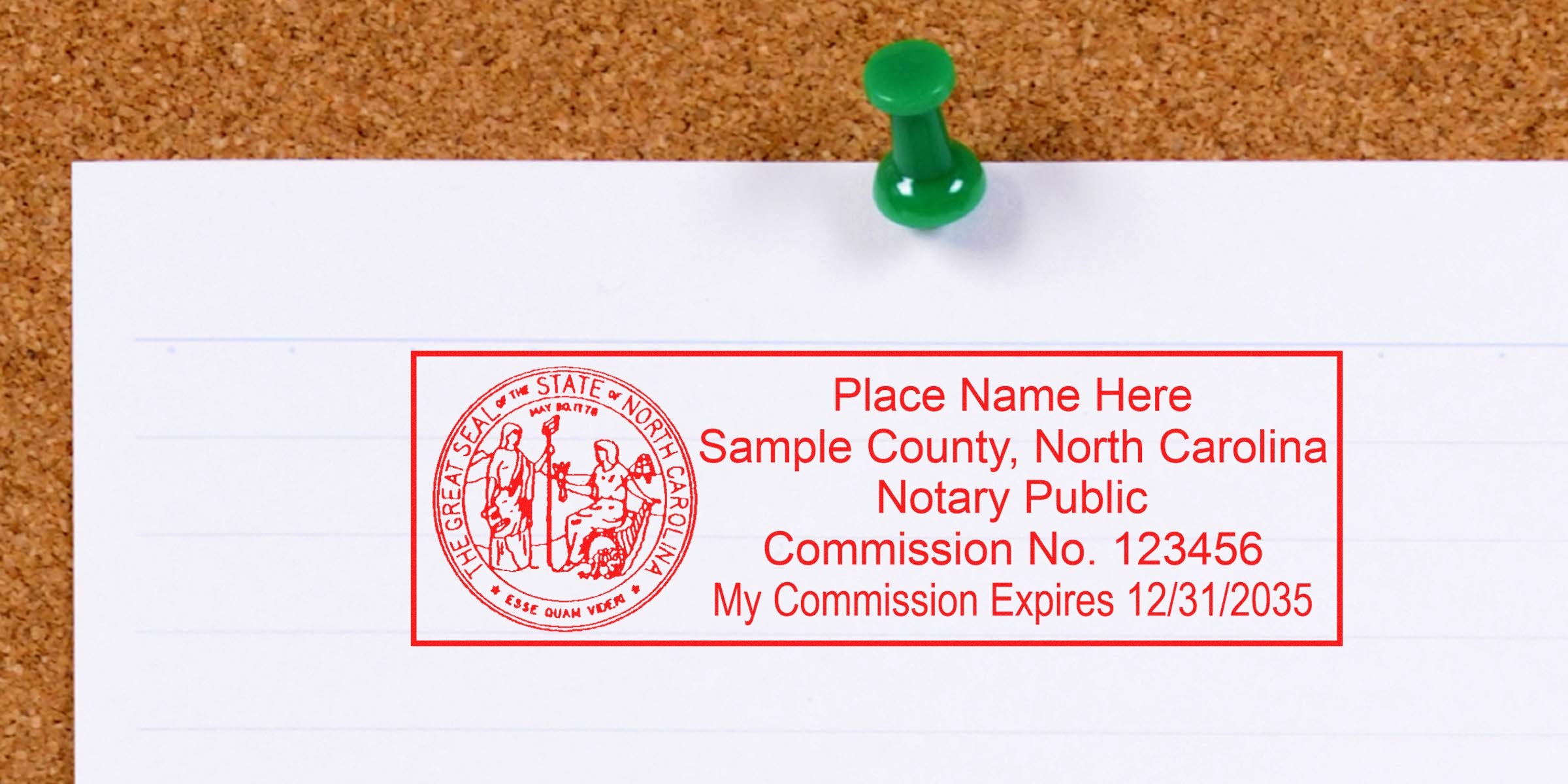 North Carolina notary stamp with commission number and expiration date pinned on corkboard, highlighting key notary seal tips.