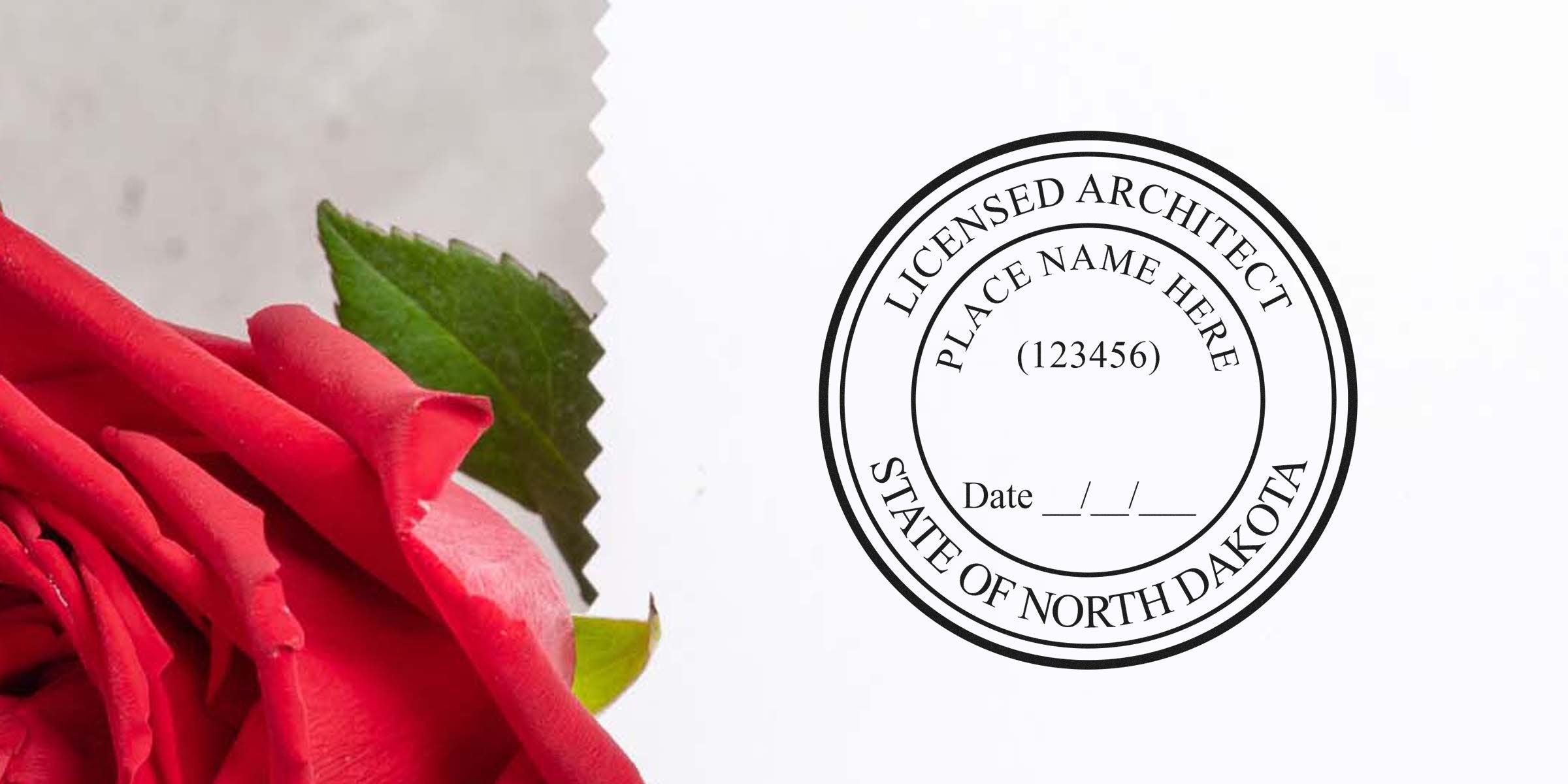 Licensed architect stamp North Dakota with red rose, green leaf on white background, featuring North Dakota embossing seal for architectural seal requirements and certification.
