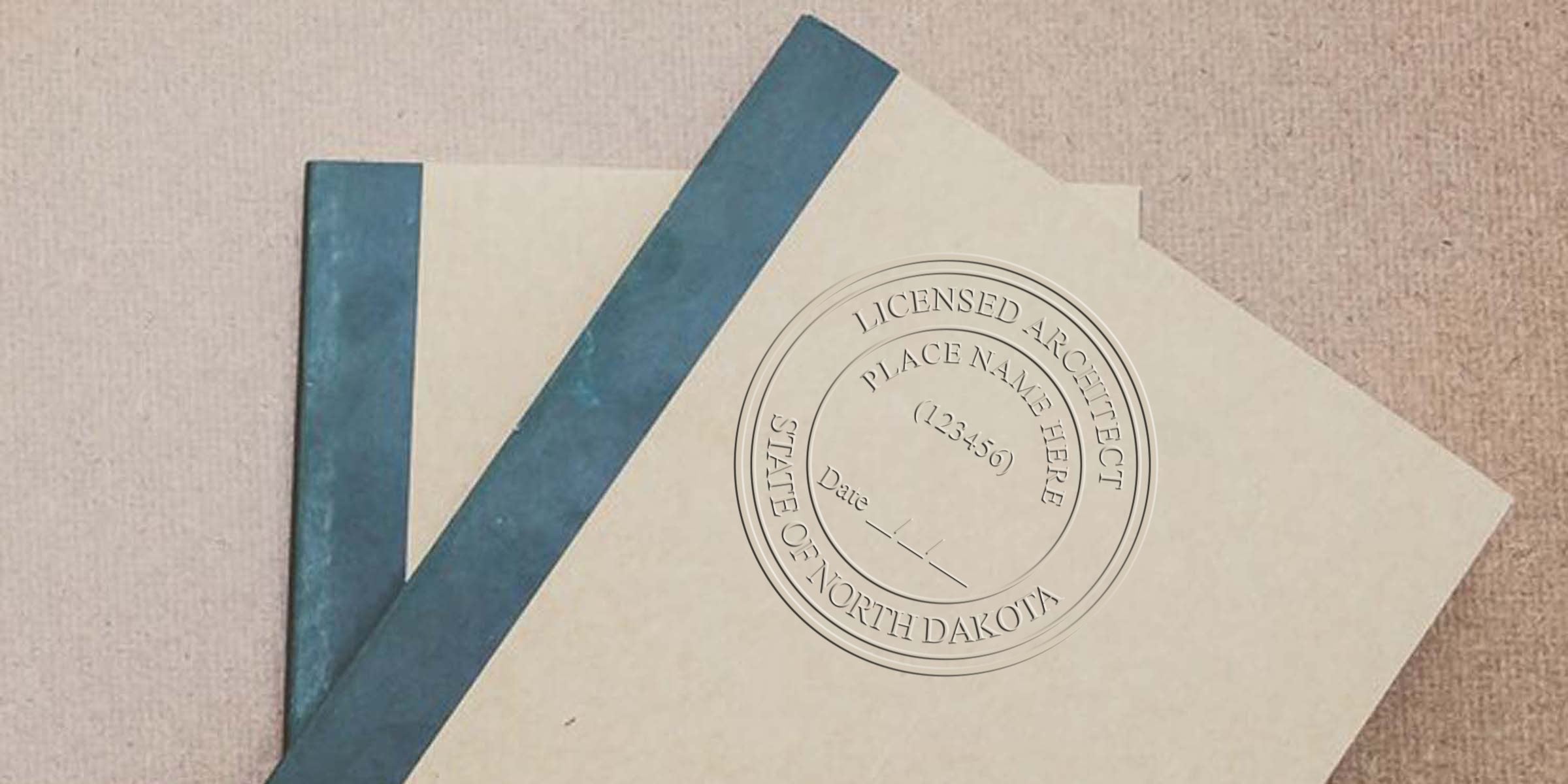 Licensed architect seal embossing on official North Dakota architectural documents, showing stamp size and dimensions for North Dakota architects.