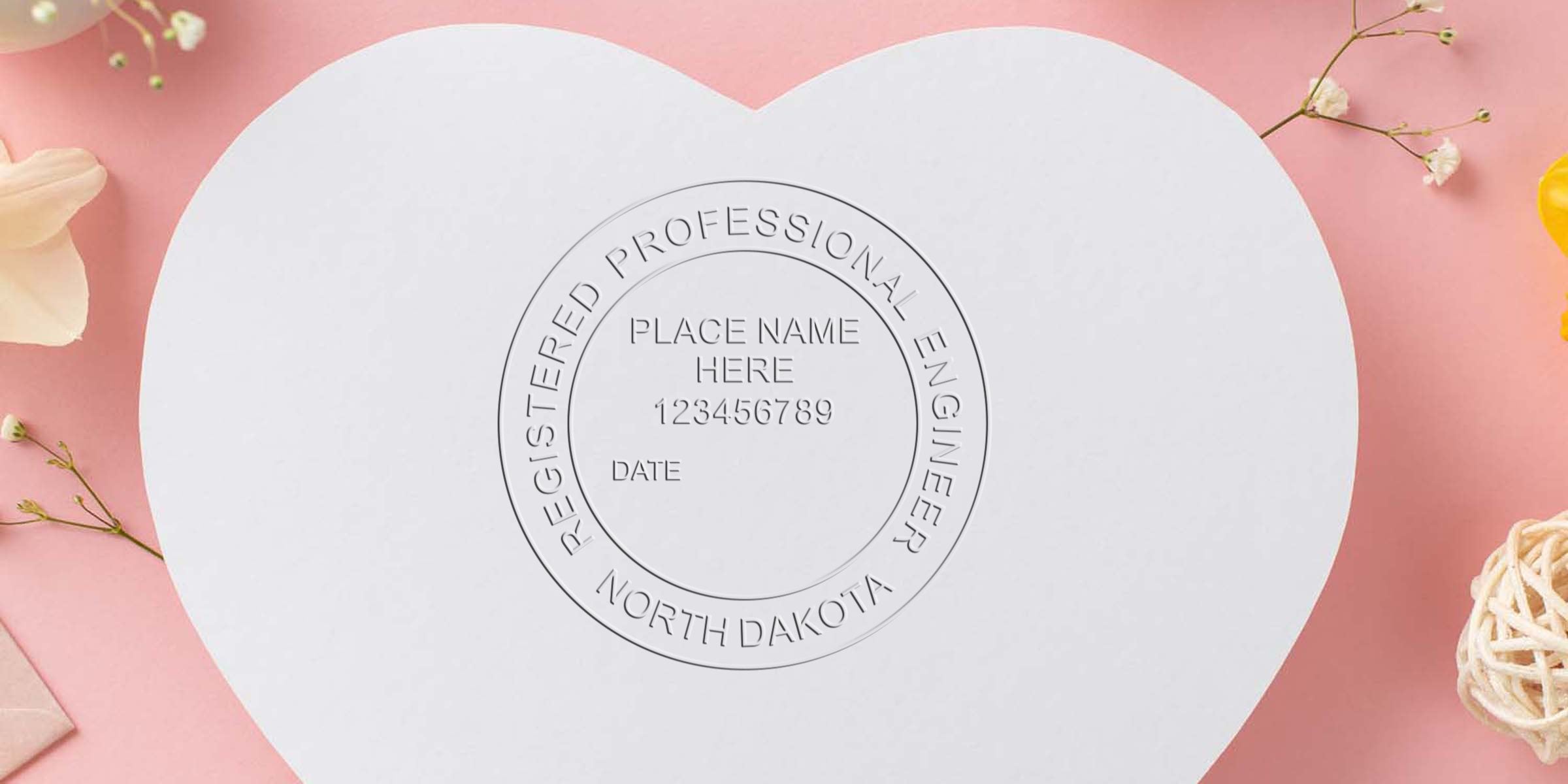 North Dakota engineer seal embossed on heart-shaped paper with a floral background using an engineer seal embosser.