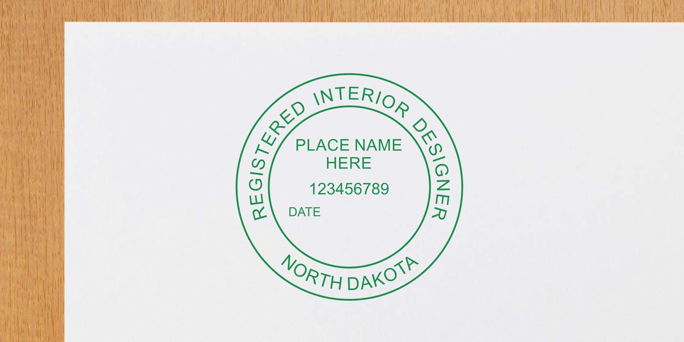 North Dakota interior designer stamp on white paper with registered interior designer seal, perfect for ordering your interior designer stamp.