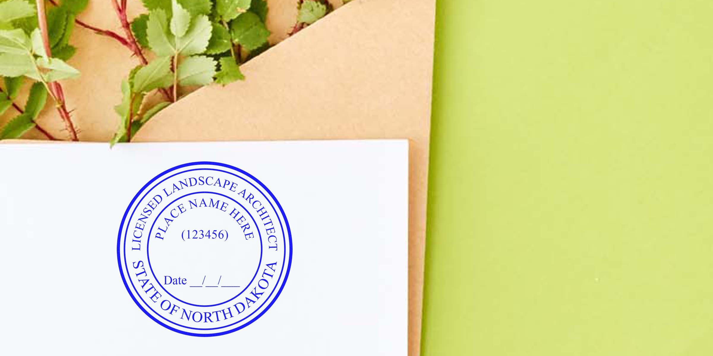 Licensed North Dakota landscape architect seal on white paper, with green leaves and a brown envelope background, meeting compliance standards.