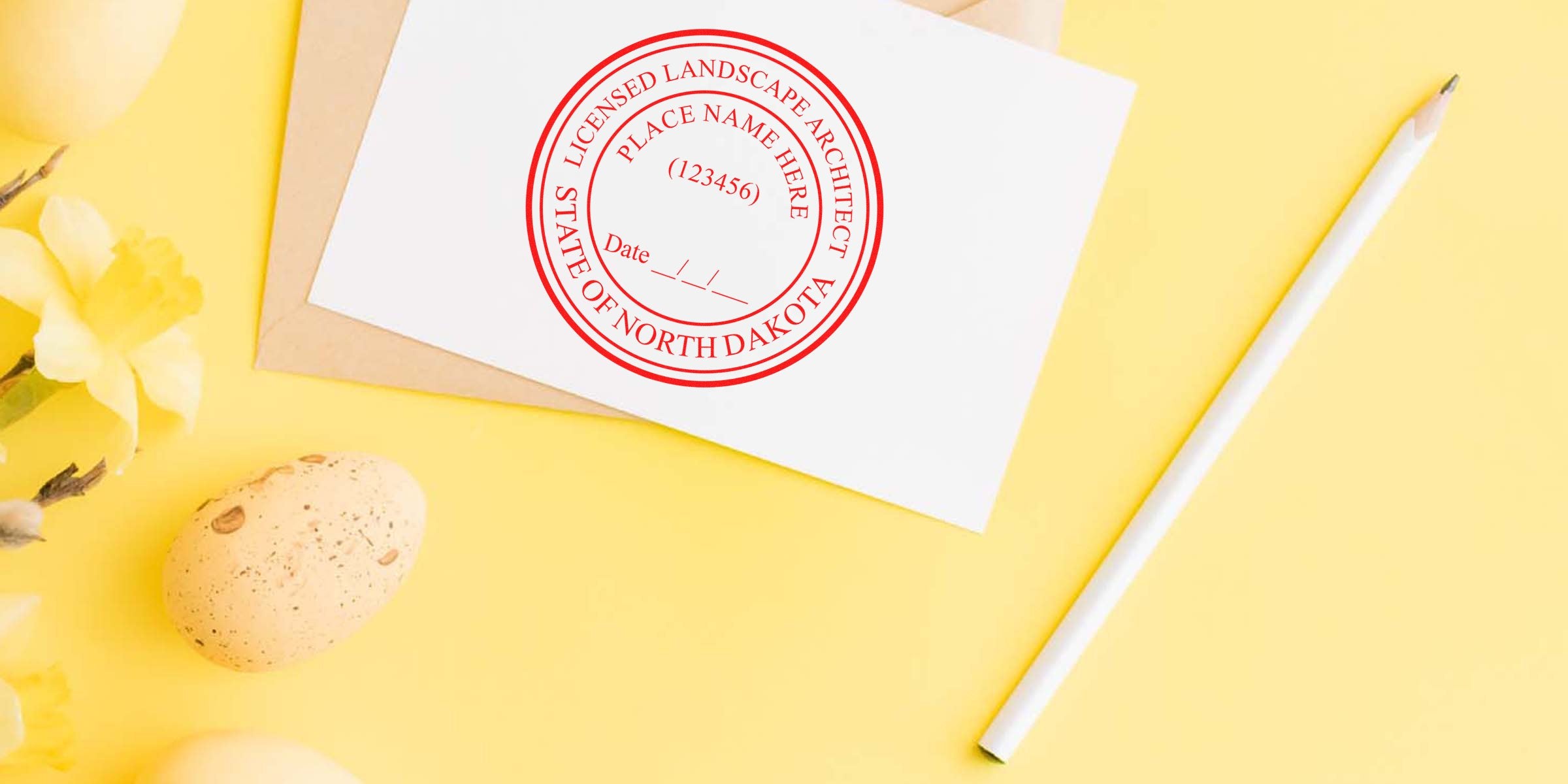 North Dakota licensed landscape architect stamp on white paper with pencil and yellow flowers on yellow background, showing North Dakota seal embossers and official seal embossing tools.