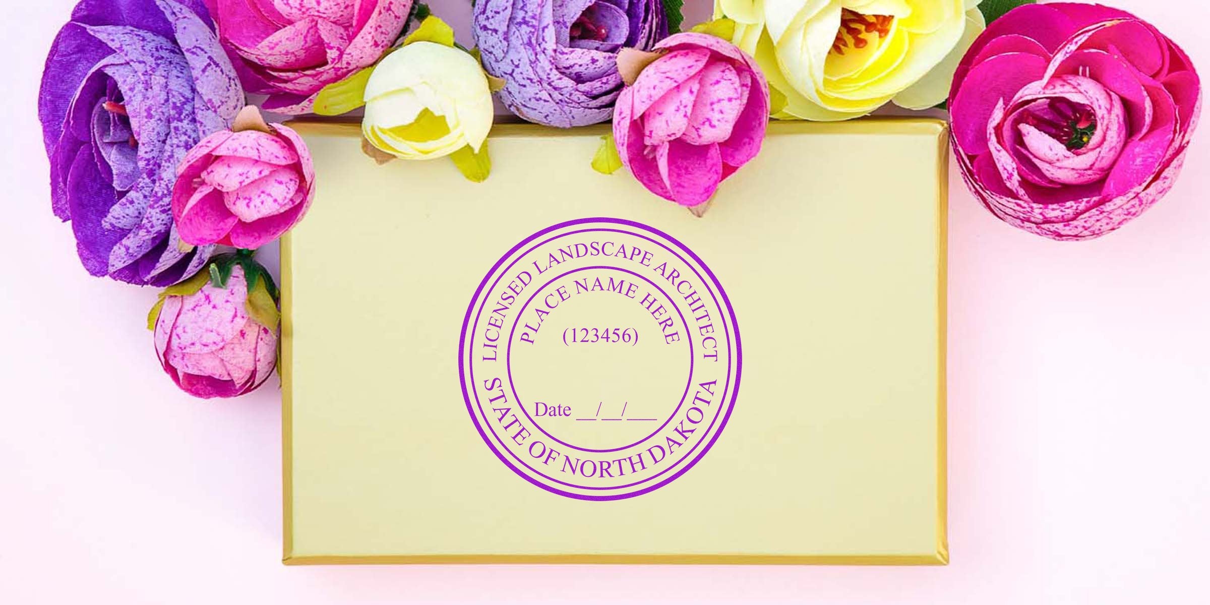 Licensed landscape architect stamp on envelope with colorful flowers, highlighting North Dakota landscape architect stamp laws and regulations.