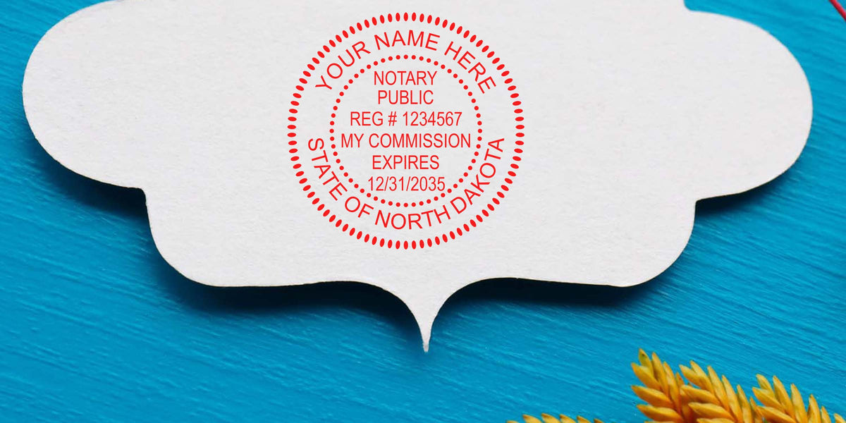 North Dakota notary stamp on white paper with commission expiration date and official seal, showing use of notary stamp on blue background.