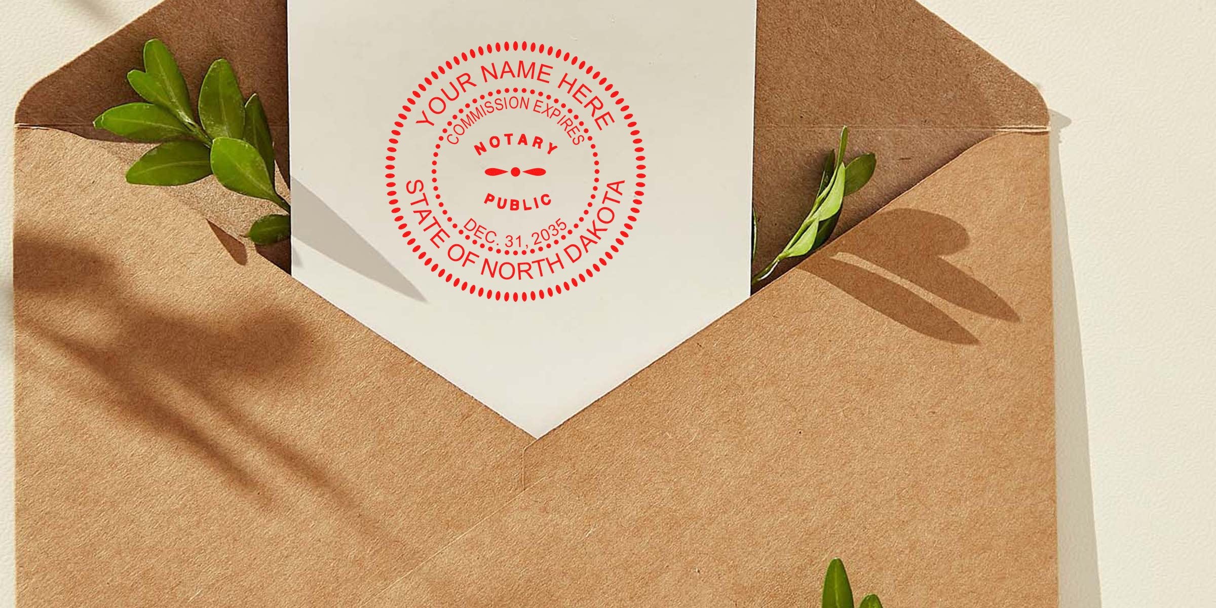 North Dakota notary stamp on official document in brown envelope with green leaves, showing notary commission seal, legal certification, authentication, and stamp format sample.