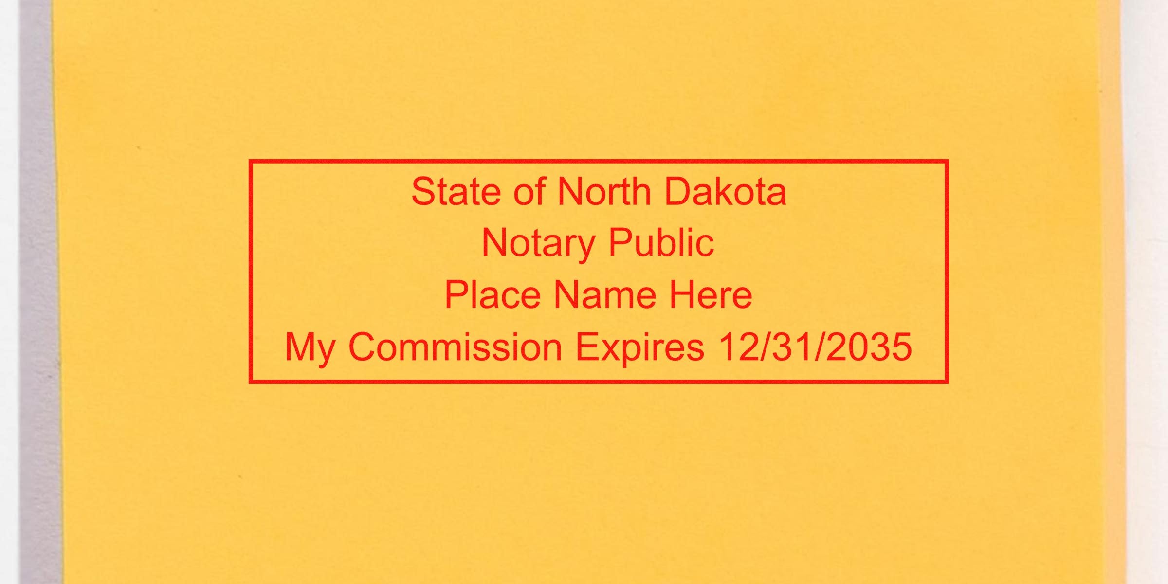 Notary Seal North Dakota on yellow background with commission expiration date, highlighting the choice of a Notary Seal for North Dakota notary public.