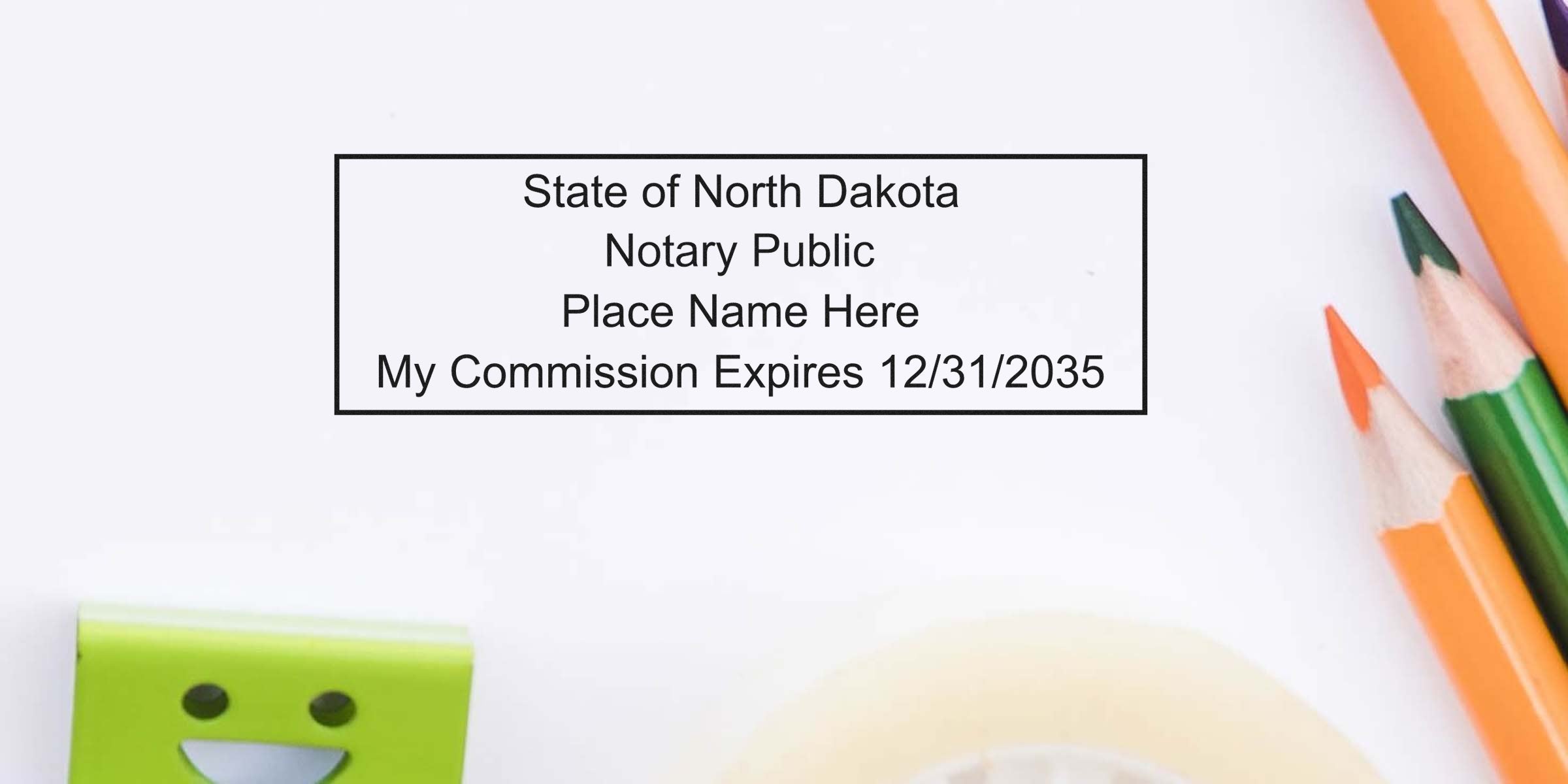 Notary Seal North Dakota with commission expiry, colored pencils on white background, includes tips for buying a notary seal.