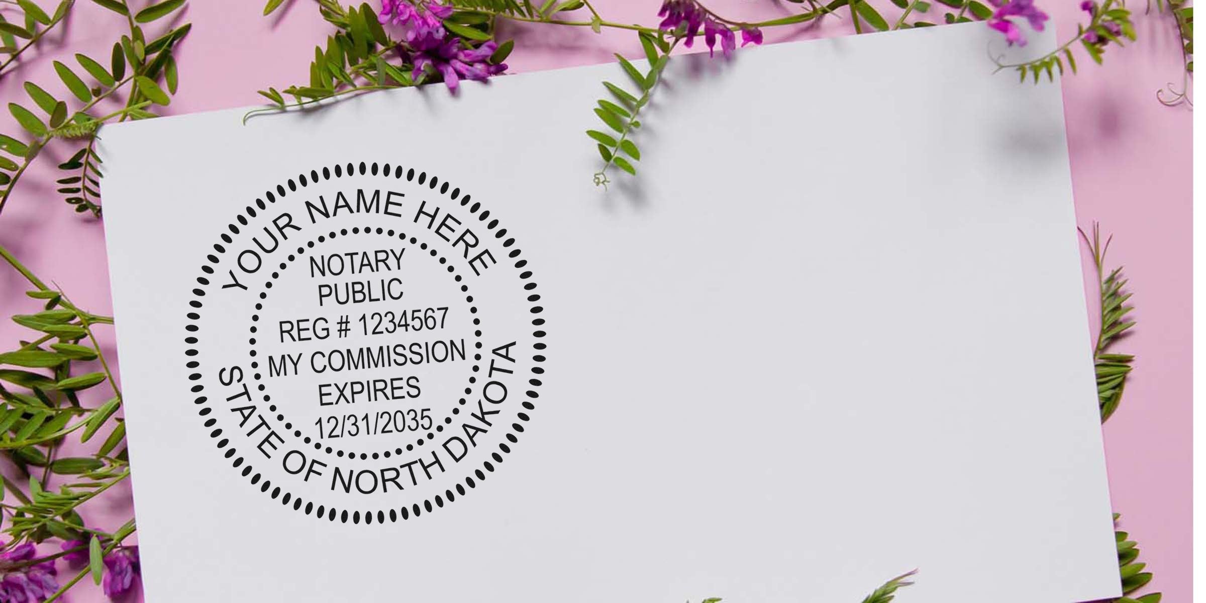 North Dakota notary seal stamp on white paper with floral background, official public seal for legal documents, shown in a notary seal stamp guide.