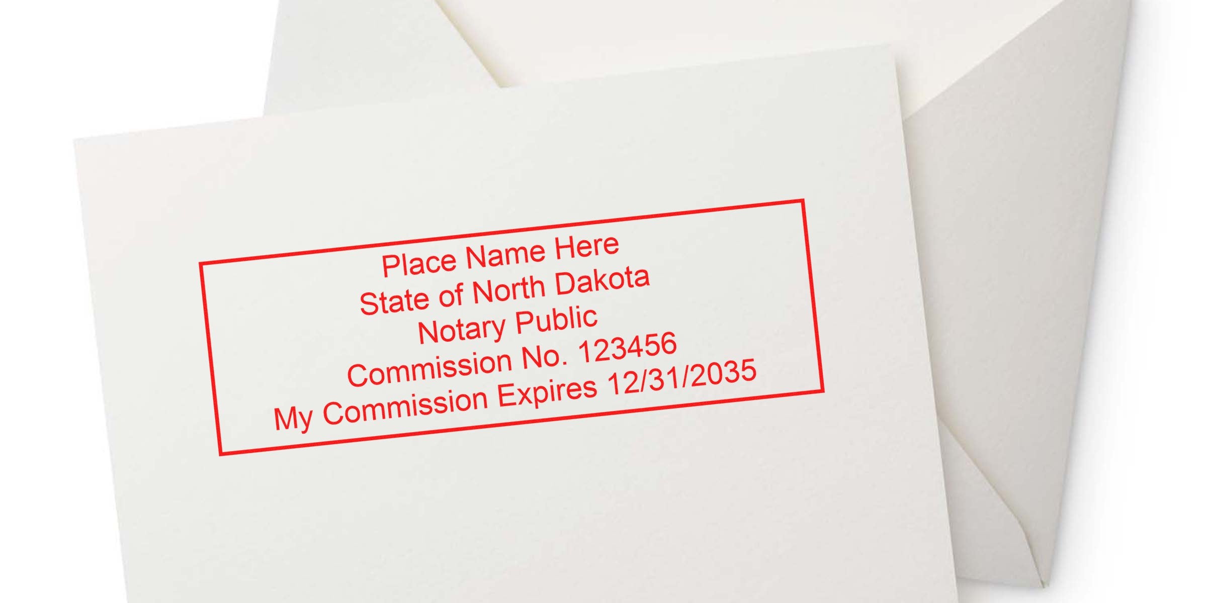 North Dakota notary stamp on white paper displaying commission number and expiration date, highlighting key notary seal tips.