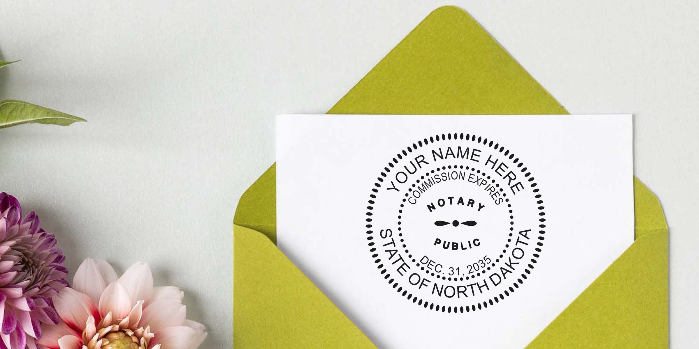 North Dakota notary seal on white paper inside a green floral envelope, showing an official notary stamp for legal documents.