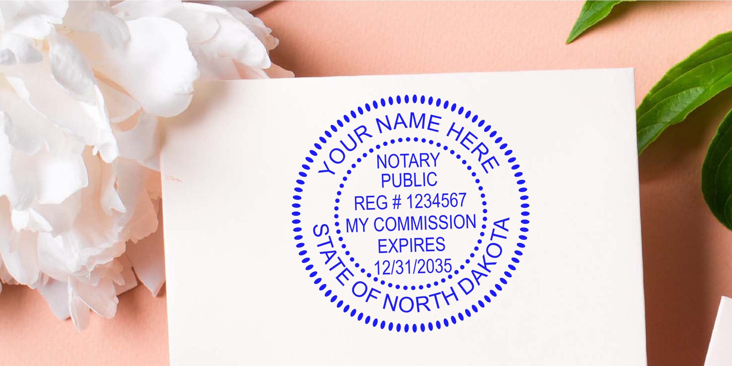 Custom North Dakota notary stamp on white paper with floral background, showcasing ND notary supplies from the notary tools guide.