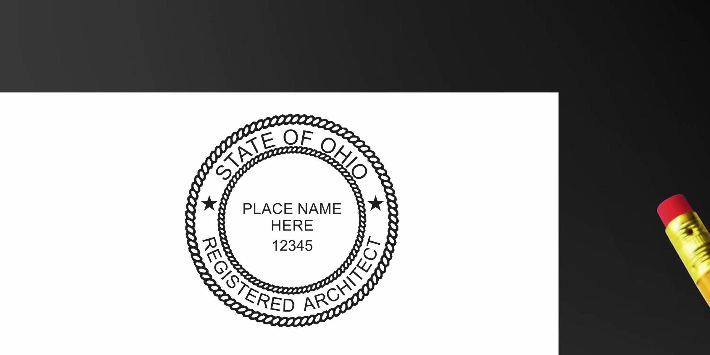 Ohio architect seal stamped with pencil on black background, showing Ohio architecture seal and stamp requirements.