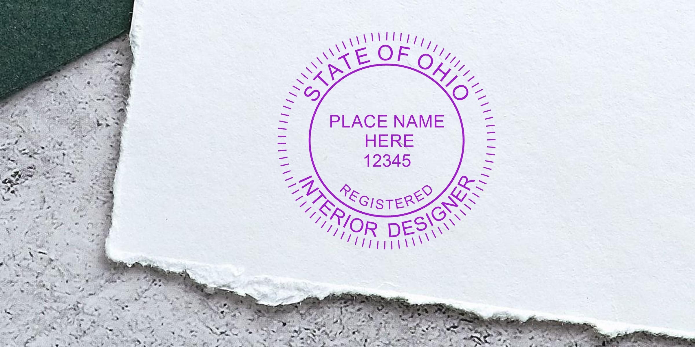 Ohio interior designer’s registered stamp on textured paper, representing certification and a spark of creativity.
