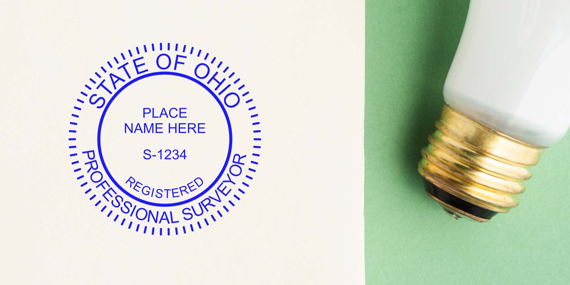 Ohio land surveyor stamp with a professional emblem and light bulb on a green background, symbolizing Ohio land surveyor certification.