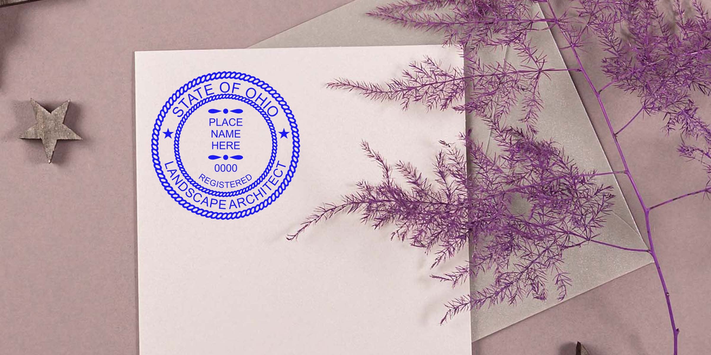 Ohio landscape architect registration seal on white paper with a purple plant and star, symbolizing the renewal and stamp process.