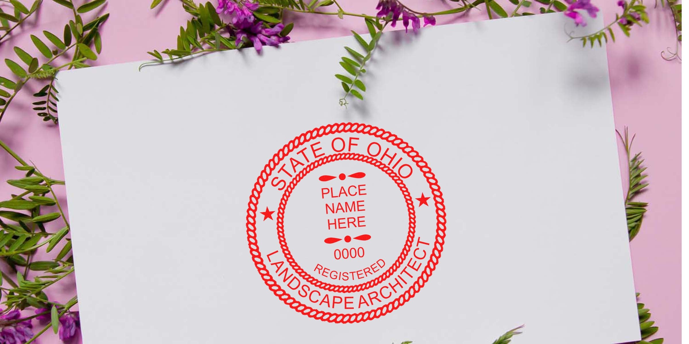 Ohio landscape architect stamp and registered seal on white paper with floral background, symbolizing Ohio landscape architect licensing.