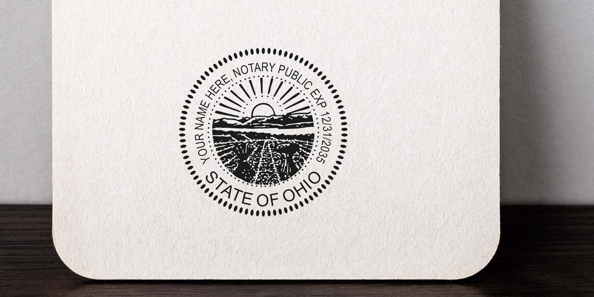 Ohio notary public stamp on textured paper with customizable name and expiration date, part of quality Ohio notary supplies and products.