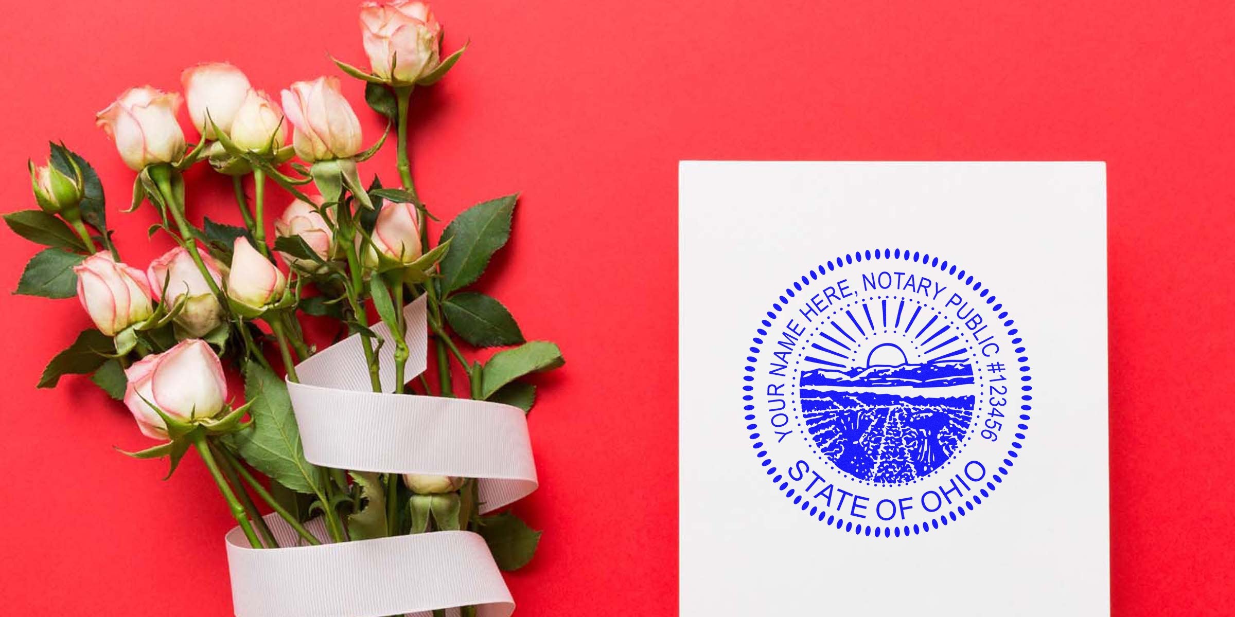 Ohio Notary public seal on white card with pink roses and white ribbon on red background, featuring Ohio Notary Supplies and Smart Shopping Notary.