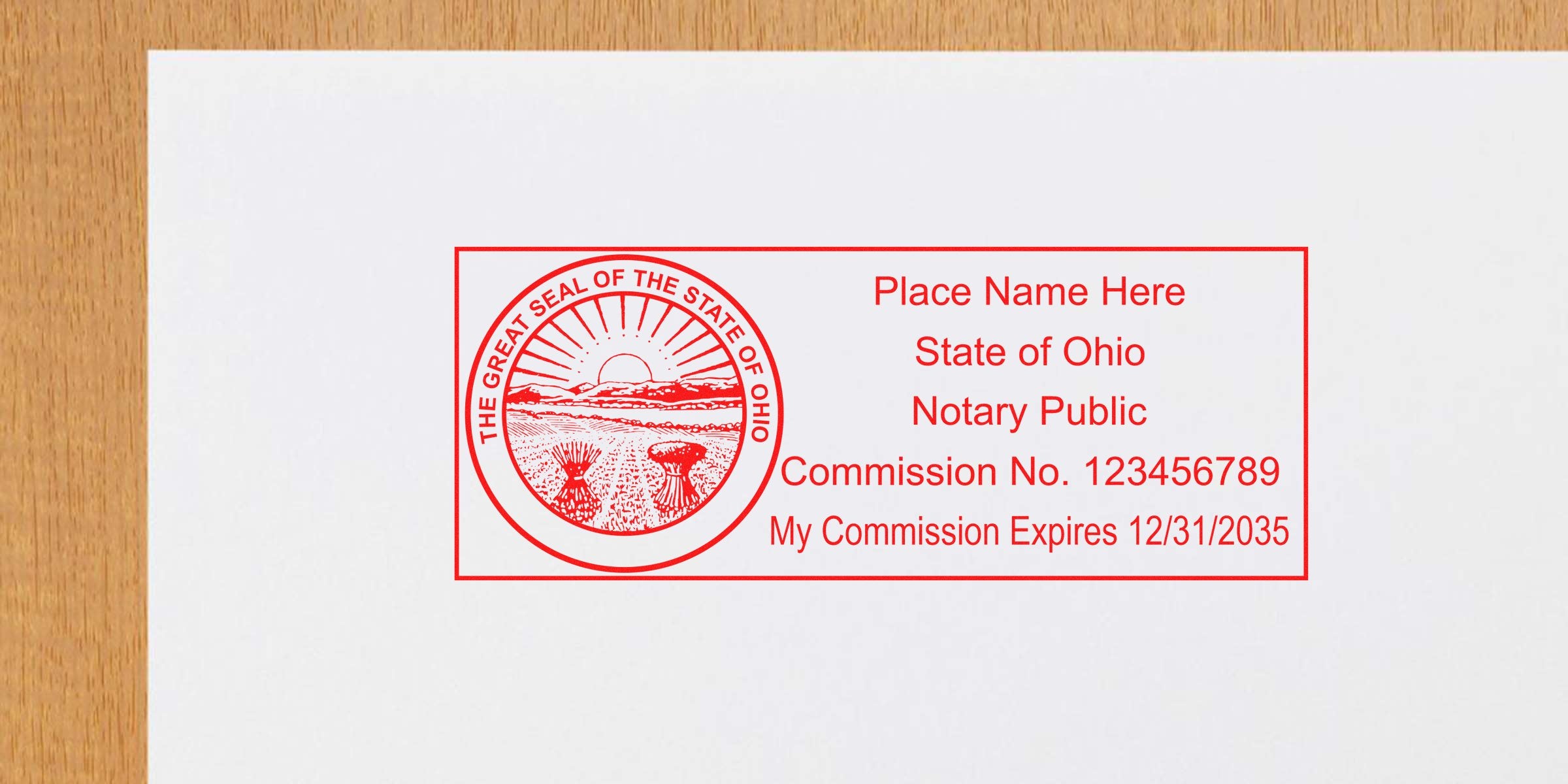 Ohio notary public stamp on white paper showing commission number, expiration date, and seal size, illustrating Ohio notary seal dimensions.