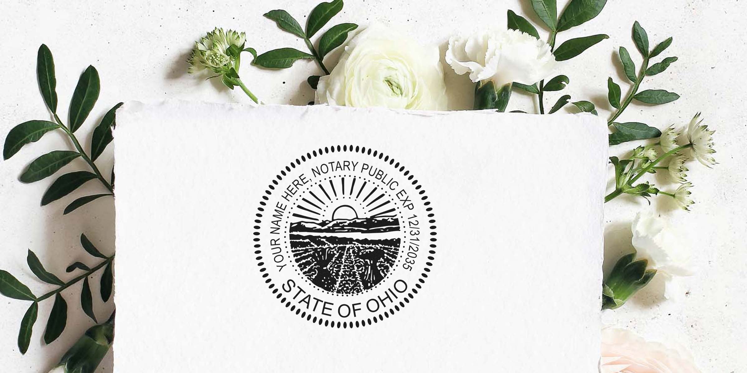 Ohio notary stamp and seal on white paper, set against a floral background, official for legal documents in Ohio.