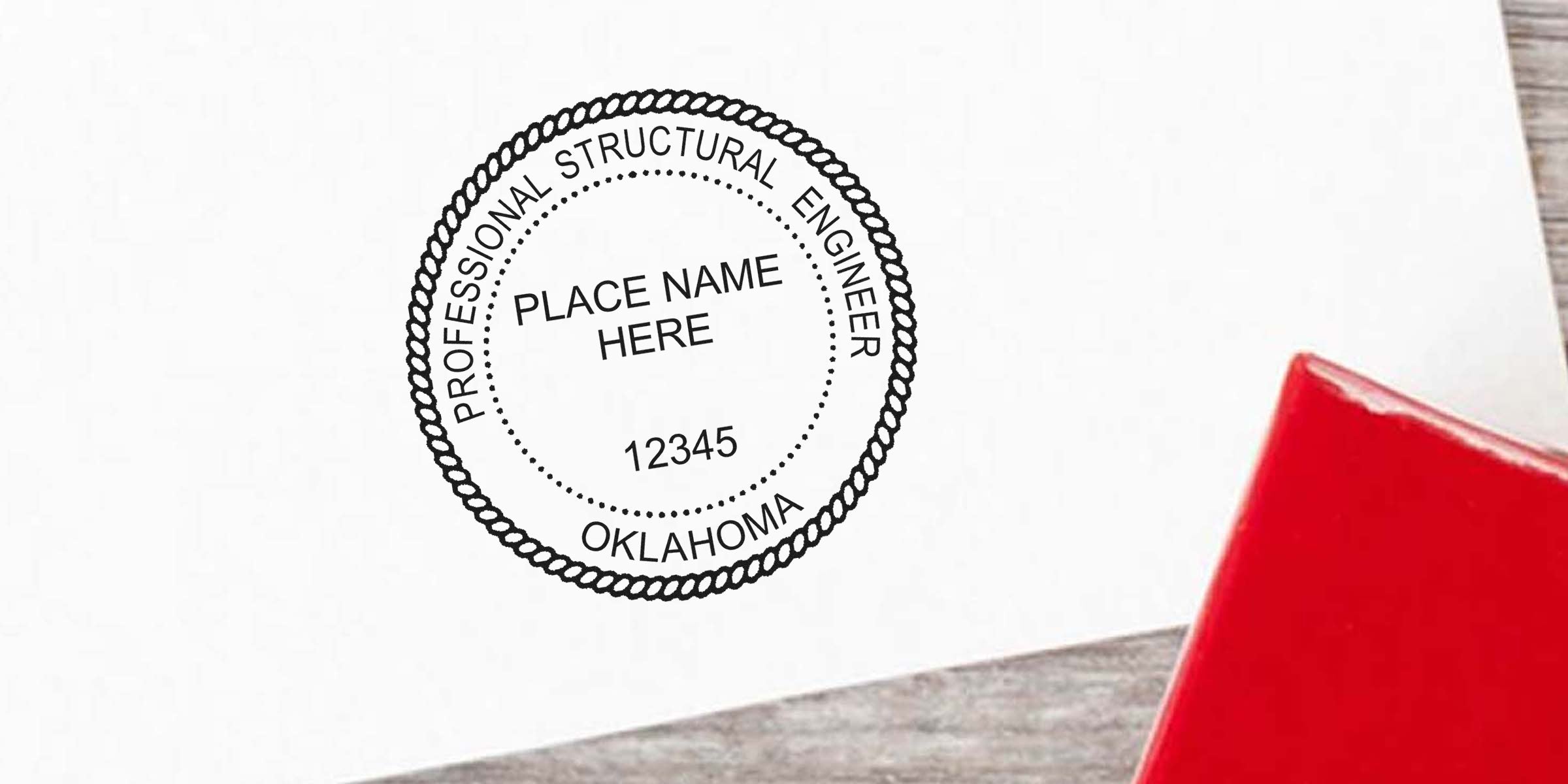 Oklahoma engineer stamp with place name and license number embossed on white paper, highlighting the engineer stamp embosser’s details.