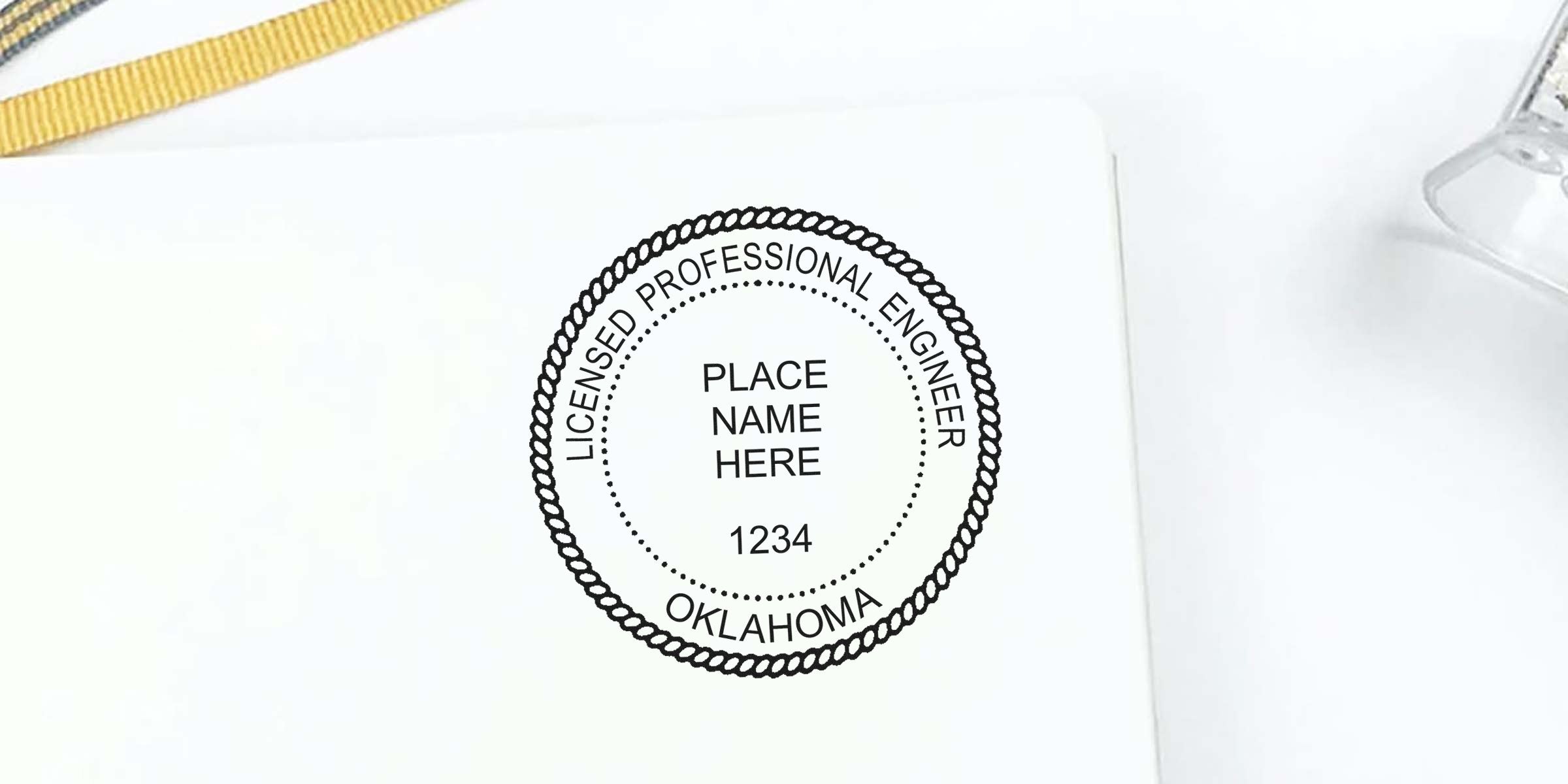 Oklahoma PE Seal with licensed engineer stamp, customizable name and number on white background, designed per PE Seal specifications.