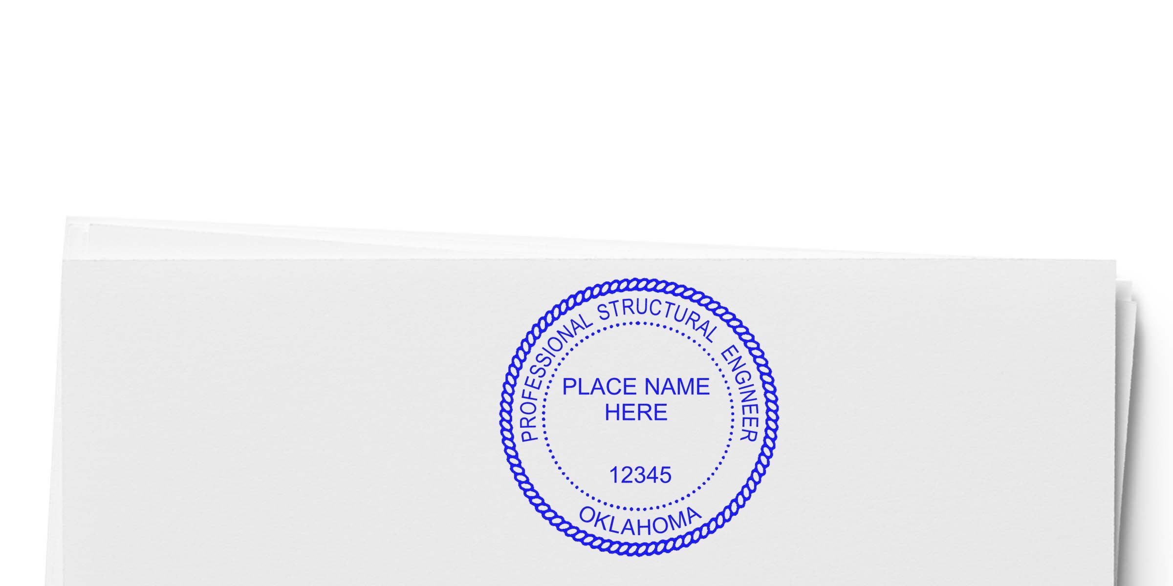 Custom Engineer Seal for Oklahoma with editable place name and license number on white paper, compliant with Oklahoma Engineering standards.