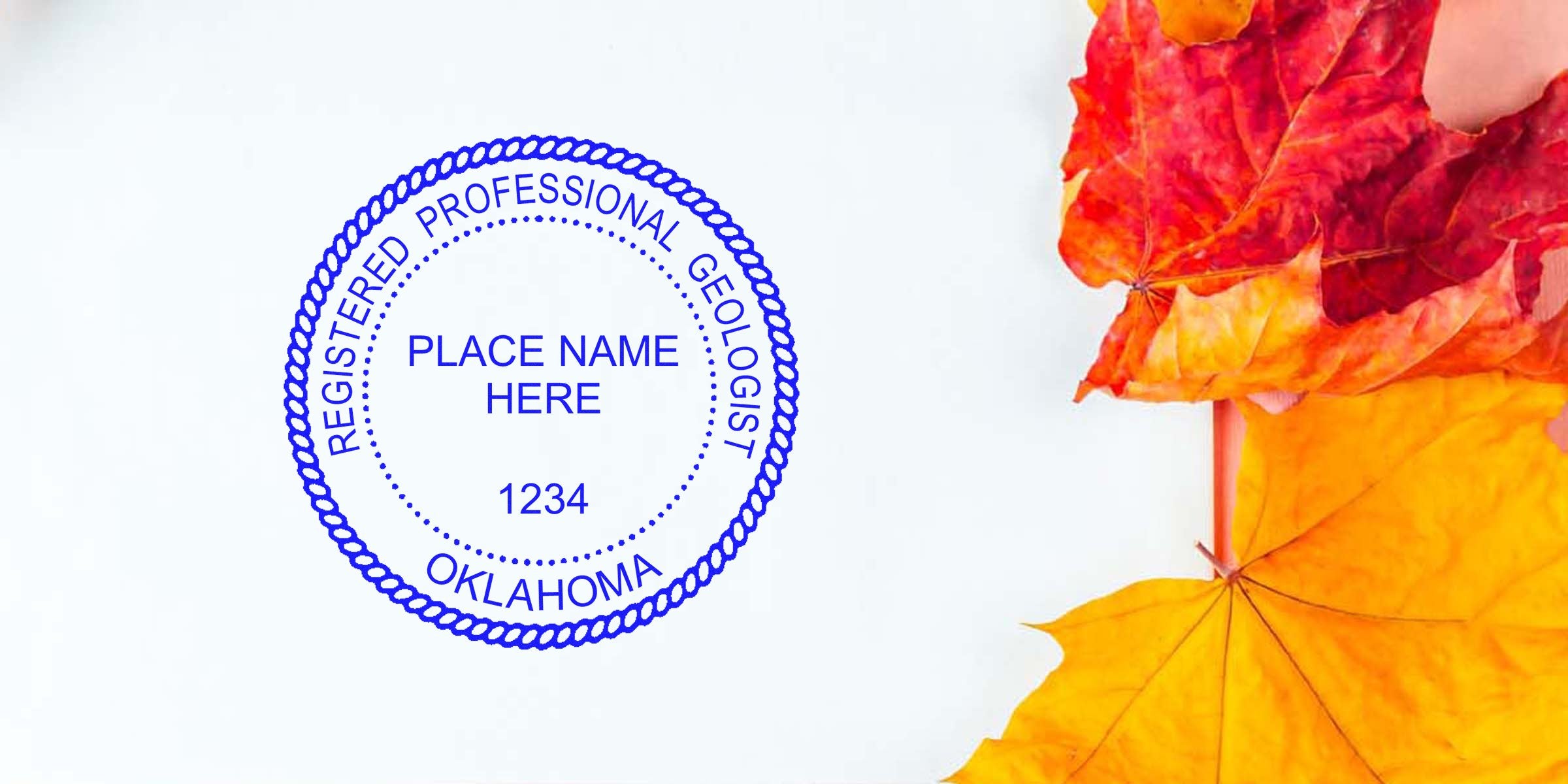 Registered professional geologist stamp from Oklahoma with autumn leaves background.
