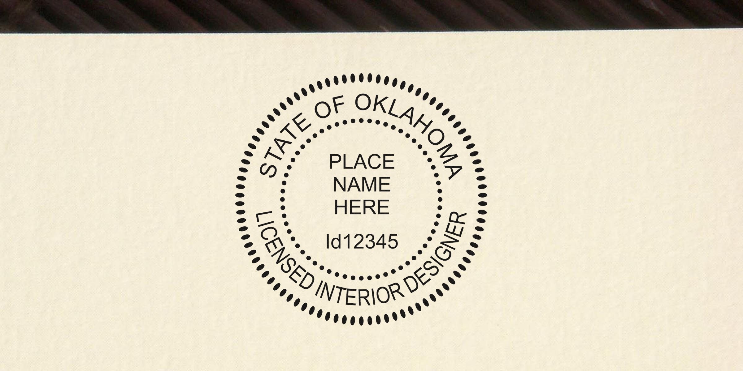 Oklahoma interior designer seal stamp with place name, ID number, and certification.