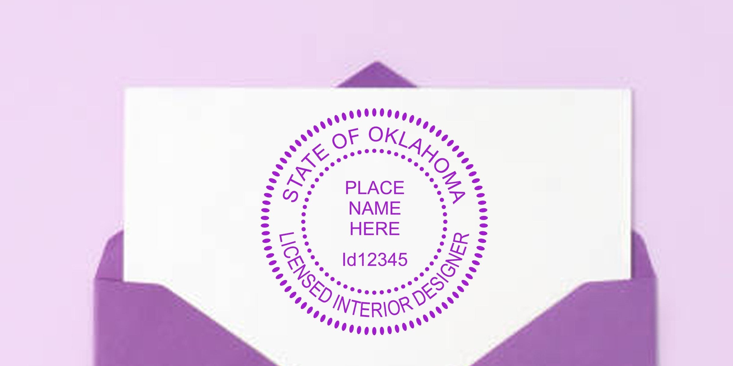 Oklahoma interior designer’s seal stamped on a white card inside a purple envelope.
