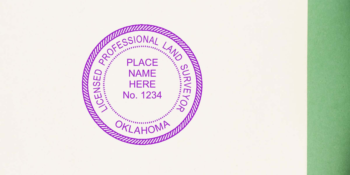 Oklahoma licensed professional land surveyor stamp with registration number and placeholder text, related to Oklahoma land surveyor stamp costs and fees.