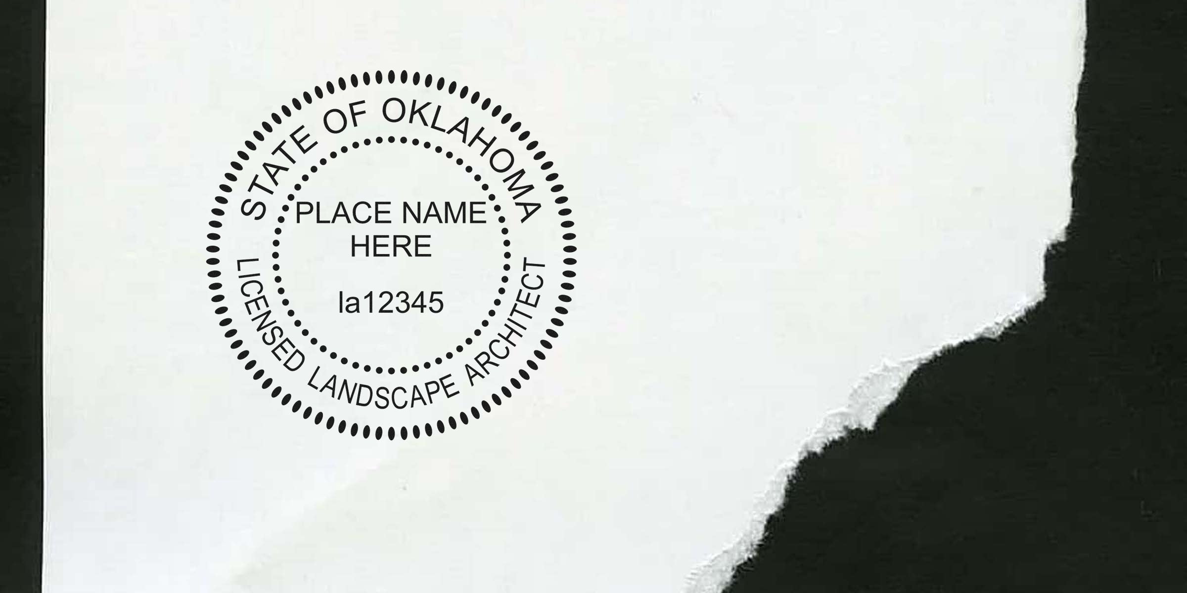 Oklahoma licensed landscape architect stamp on torn paper showing place name and license number LA12345, related to license renewal and Oklahoma landscape architect regulations.