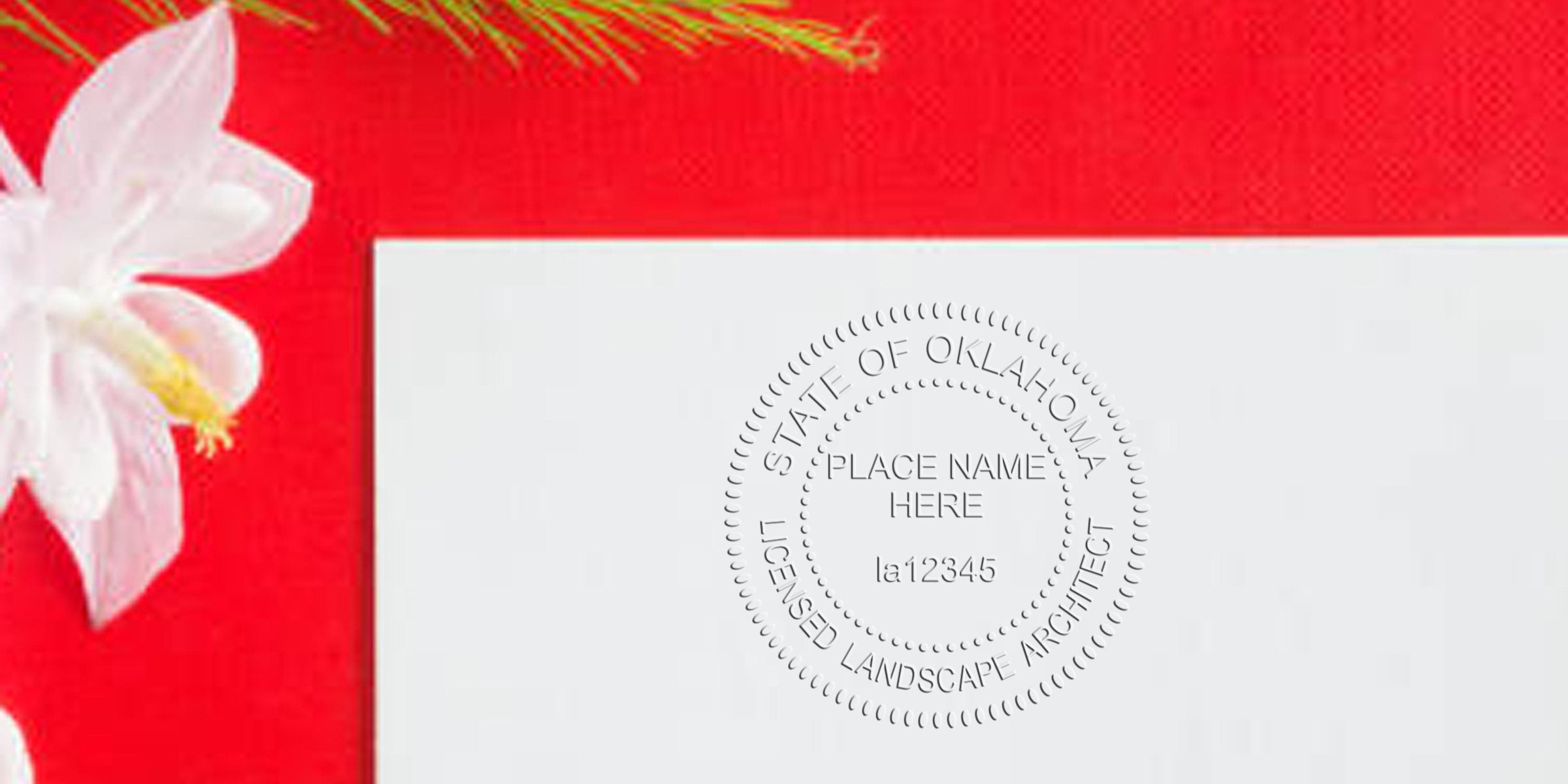 Embossed seal of an Oklahoma licensed landscape architect on white paper with a white flower and red background, showing Oklahoma landscape architect guidelines and seal requirements.